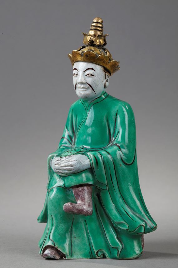Figure seated in biscuit &quot;Famille verte&quot; with a golden bronze headdress the bronze probably occidental | MasterArt